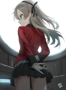 1girl back black_skirt breasts brown_eyes feet_out_of_frame girls_und_panzer grey_hair highres indoors jacket kainushi large_breasts looking_to_the_side red_jacket school_uniform shimada_arisu shirt skirt solo st._gloriana&#039;s_military_uniform st._gloriana&#039;s_school_uniform standing white_shirt