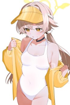 Rule 34 | 1girl, absurdres, black choker, blonde hair, blue archive, breasts, choker, commentary, covered navel, crossed bangs, double-parted bangs, hair between eyes, halo, hifumi (blue archive), highres, jacket, long hair, low twintails, medium breasts, off shoulder, one-piece swimsuit, open clothes, open jacket, open mouth, shusuchii, simple background, solo, swimsuit, symbol-only commentary, twintails, very long hair, visor cap, white background, white one-piece swimsuit, winged hair ornament, yellow eyes, yellow halo, yellow jacket, yellow visor