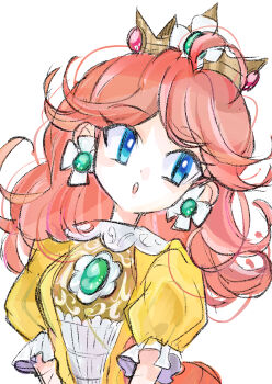 1girl blue_eyes brown_hair crown dress earrings flower_earrings highres jewelry long_hair mario_(series) nintendo orange_dress parted_lips princess_daisy puffy_short_sleeves puffy_sleeves rakugaki_shitagari-ya short_sleeves simple_background super_smash_bros. white_background