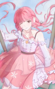 1girl absurdres arm_cutout bare_shoulders belt black_belt black_bow black_ribbon blue_sky blunt_bangs bow bow_choker bowtie bra_strap brown_eyes buttons center_frills chinese_commentary choker closed_mouth clothing_cutout cloud commentary_request cowboy_shot day eyelashes floating_clothes floating_hair frilled_shirt frilled_skirt frills hair_bow hair_intakes hair_ribbon happy hexagram highres holding infinity_nikki jewelry layered_skirt lips long_hair long_sidelocks low_twintails medium_skirt necklace nikki_(nikki) nikki_(series) off-shoulder_shirt off_shoulder on_swing one_eye_closed outdoors perfect_start_(infinity_nikki) pink_bow pink_bowtie pink_choker pink_hair pink_lips pink_skirt pleated_skirt print_skirt print_sleeves ribbon see-through_clothes see-through_sleeves shirt sidelocks single_stripe sitting skirt sky smile snowflake_print snowflakes solo star_(symbol) star_necklace striped_bow striped_bowtie striped_choker striped_clothes swing swinging_on_swing tress_ribbon twintails very_long_hair wavy_hair white_shirt white_skirt yanjiujun