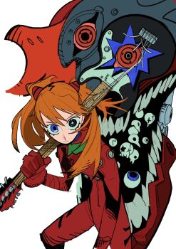 Rule 34 | 1girl, :/, blue eyes, bodysuit, brown hair, commentary, electric guitar, guitar, highres, holding, holding guitar, holding instrument, instrument, interface headset (evangelion), long hair, looking at viewer, mecha pilot suit, neon genesis evangelion, nineinsweet, plugsuit (evangelion), red bodysuit, solo, souryuu asuka langley, straight-on
