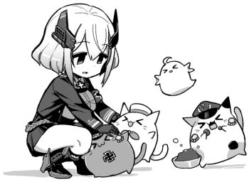 >_< 1girl :3 :d armband azur_lane azur_lane:_slow_ahead blush boots bow bowl bowtie breasts buttons calico_(pattern) calico_cat clawed_gauntlets collared_shirt commentary cropped_jacket cross dress_shirt eating epaulettes flapping full_body greyscale hair_between_eyes happy hat high_heel_boots high_heels hori_(hori_no_su) horns iron_cross jacket jitome large_breasts long_sleeves manjuu_(azur_lane) mechanical_horns meowfficer_(azur_lane) miniskirt monochrome multicolored_hair official_art open_mouth peaked_cap pet_bowl pet_food petting roon_(azur_lane) sailor_hat shirt short_hair shoulder_boards simple_background skirt smile solo squatting streaked_hair thighs white_background x3 xd