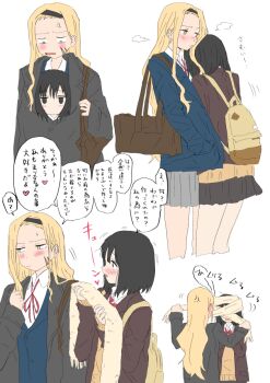 2girls anger_vein backpack bag black_eyes black_hair black_hairband black_skirt blazer blonde_hair blue_jacket blush closed_mouth coat commentary_request grey_coat grey_skirt hairband heart holding holding_unworn_clothes holding_unworn_scarf hug jacket kirarazaka_marina kuze_shizuka long_hair multiple_girls open_mouth pleated_skirt pottode scar scar_on_face scarf school_bag shared_clothes short_hair simple_background skirt sweat takopii_no_genzai unworn_scarf white_background yellow_scarf yuri