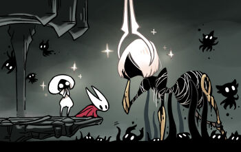 3girls 6+others arthropod_girl black_skin cloak colored_skin commentary_request darkness floating fuifui grand_mother_silk_(hollow_knight) hand_on_own_cheek hand_on_own_face hollow_eyes hollow_knight hollow_knight:_silksong horned_mask hornet_(hollow_knight) horns lace_(hollow_knight) mask motion_lines multiple_girls multiple_others red_cloak shade_(hollow_knight) sibling_(hollow_knight) sparkle tendril thread waving white_eyes white_hair white_mask
