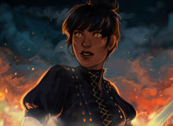 1girl arrapso blue_vest breasts burning cloud cloudy_sky dark-skinned_female dark_skin embers fire hair_bun highres holding holding_sword holding_weapon kikka_the_steadfast lake_of_voices looking_to_the_side night non-web_source official_art orange_eyes parted_lips serious shirt sidelocks sky solo sword upper_body variant_set vest weapon white_shirt