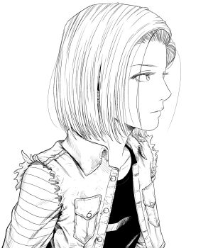 1girl android_18 commentary denim denim_vest dragon_ball dragonball_z expressionless highres lee_(dragon_garou) monochrome profile solo torn_clothes upper_body