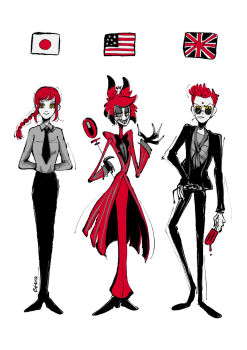1girl 2boys absurdres alastor_(hazbin_hotel) american_flag animal_ears arms_behind_back benio_(popopo2017) black_necktie black_pants black_shoes braid chainsaw_man coat commentary_request crowley_(good_omens) deer_ears food full_body good_omens hand_on_own_hip hazbin_hotel hellaverse highres holding holding_food holding_popsicle holding_staff japanese_flag limited_palette long_legs makima_(chainsaw_man) monocle multiple_boys necktie pants popsicle red_coat red_hair red_pants ringed_eyes sharp_teeth shoes staff sunglasses teeth trait_connection union_jack yellow_eyes
