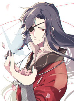 1boy bishounen black_hair black_nails blue_butterfly bracelet braid bug butterfly butterfly_necklace butterfly_on_hand chinese_clothes closed_mouth eyepatch falling_petals fduki_maro fingernails floating_hair flower hair_ribbon hand_up hanfu highres holding holding_flower hua_cheng insect jewelry long_hair long_sleeves looking_at_viewer male_focus nail_polish necklace one_eye_covered petals pink_flower pink_petals popped_collar red_eyes red_hanfu ribbon ribbon_braid sharp_fingernails side_braid silver_bracelet silver_necklace simple_background single_braid smile solo string string_of_fate tianguan_cifu twitter_username upper_body white_background