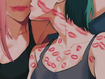 2girls alien_stage black_camisole black_hair breasts camisole cleavage commentary gorirappa22 hashtag-only_commentary lipstick lipstick_mark lipstick_mark_on_chest lipstick_mark_on_neck lipstick_mark_on_shoulder makeup mizi_(alien_stage) multiple_girls photo-referenced pink_hair smeared_lipstick sua_(alien_stage) yuri