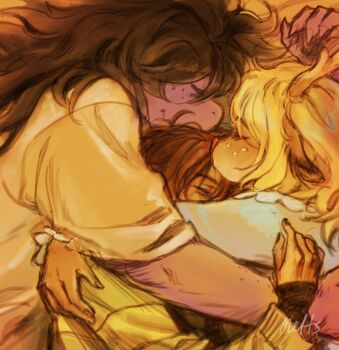 1other 2girls absurdres antlers black_nails blonde_hair brown_hair closed_eyes commentary cuddling deer_antlers deer_girl deltarune english_commentary furry furry_female girl_sandwich green_sweater highres horns kris_(deltarune) long_hair lying meltsmelts multiple_girls noelle_holiday on_side reptile_girl sandwiched shirt susie_(deltarune) sweater utdr_(toby_fox) white_shirt