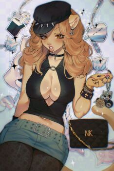 1girl absurdres aegyo_sal animal_ears animal_nose animal_print arm_behind_back bag ball bead_bracelet beads belt belt_skirt billiard_ball black_bag black_choker black_hat black_nails black_pantyhose black_shirt blue_outline blurry blurry_background bracelet breasts brown_eyes brown_hair cat_charm chain charm_(object) checkered_border choker chromatic_aberration cigarette_pack cleavage collared_shirt commentary cowboy_shot cross cross_choker cross_earrings curtained_hair denim denim_skirt depth_of_field earrings english_commentary eyebrow_piercing eyelashes eyeshadow face_piercing fashion film_grain fingernails four-pointed_star gradient_background hand_up handbag hat heart heart_sticker highres holding holding_charm invisible_chair jewelry lace lace_pantyhose large_breasts leopard_print light_blush lion_ears lion_girl long_fingernails long_hair looking_at_viewer makeup midriff mole mole_under_eye multiple_bracelets multiple_rings nail_art nail_ornament nail_polish navel newsboy_cap noisykoala original outline pantyhose parted_lips pawpads piercing plunging_neckline ring shiny_skin shirt sitting skirt sleeveless sleeveless_shirt slit_pupils smokey_eyeshadow spiked_hat sticker studded_bracelet tan teeth thick_lips tight_clothes tight_shirt unworn_bag y2k_fashion