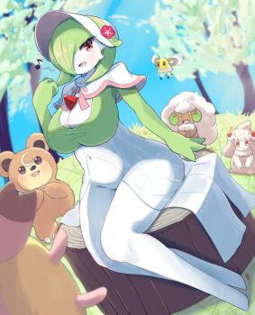 1girl alcremie alcremie_(strawberry_sweet) alcremie_(vanilla_cream) arai_mei arm_at_side blue_sky blurry blurry_background blurry_foreground blush bob_cut bonnet breasts capelet clenched_hand collarbone colored_skin cutiefly day female_focus flower full_body gardevoir gardevoir_(fashionable) gen_2_pokemon gen_3_pokemon gen_5_pokemon gen_7_pokemon gen_8_pokemon grass green_hair green_skin groin hair_over_one_eye hand_up happy hat hat_flower large_breasts legs legs_together looking_at_viewer miltank multicolored_skin musical_note navel nintendo no_feet one_eye_covered open_mouth outdoors pink_trim pokemon pokemon_unite red_eyes red_flower short_hair sitting sky smile solo_focus spoken_musical_note stomach teddiursa thighs tree tree_stump two-tone_skin udder whimsicott white_capelet white_hat white_skin
