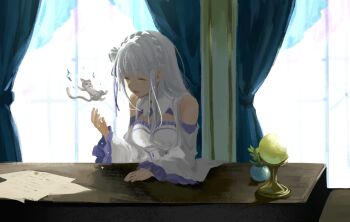 1girl 8_humi ^_^ animal braid cat closed_eyes curtains detached_sleeves dress emilia_(re:zero) floating flower frilled_dress frilled_sleeves frills grey_cat hair_flower hair_ornament hair_ribbon hand_on_table hand_up highres indoors long_hair paper pointy_ears puck_(re:zero) re:zero_kara_hajimeru_isekai_seikatsu ribbon rose table white_flower white_hair white_rose window
