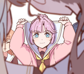 5girls ahoge anyoji_hime blue_eyes brown_dress closed_mouth commentary_request dress fujishima_megumi fujishima_megumi_(post-graduation) hair_intakes highres hinoshita_kaho hood hooded_jacket jacket lao_ren_xing link!_like!_love_live! long_sleeves love_live! multi-tied_hair multiple_girls murano_sayaka neckerchief open_clothes open_jacket osawa_rurino pink_hair pink_jacket ponytail sailor_collar sailor_collar_lift sailor_dress sidelocks smile solo_focus virtual_youtuber white_sailor_collar winter_uniform yellow_neckerchief