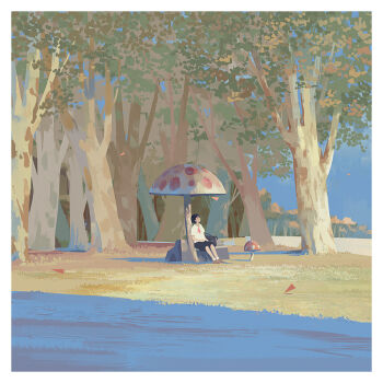 1girl backpack bag bangqiao_yan beach black_hair black_skirt blue_sky border bow chest_bow clear_sky forest lake mushroom nature original outdoors paper_airplane red_bow scenery shirt short_hair sitting skirt sky solo tree umbrella white_border white_shirt