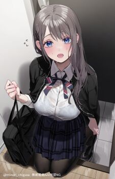 Rule 34 | 1girl, bag, black bag, black pantyhose, black shoes, blue eyes, blue skirt, blush, bra visible through clothes, breasts, cardigan on shoulders, chigusa minori, collared shirt, commentary request, dress shirt, grey hair, hair ornament, hairclip, highres, large breasts, long hair, looking at viewer, open mouth, pantyhose, plaid clothes, plaid skirt, pleated skirt, saotome shino (shino to ren), school bag, school uniform, shino to ren, shirt, shoes, sidelocks, skirt, solo, wet, white shirt