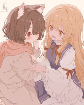 2girls absurdres alternate_costume animal_ear_fluff animal_ears blonde_hair blush bow brown_skirt brown_sweater cat_ears chen closed_mouth commentary_request dated dress frilled_sleeves frills hair_bow highres iris-san long_hair long_sleeves looking_at_another multiple_girls no_headwear open_mouth orange_eyes pink_scarf purple_tabard red_bow red_eyes scarf signature sitting skirt smile sweater tabard touhou very_long_hair white_dress wide_sleeves yakumo_yukari