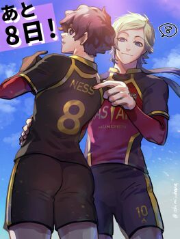 2boys alexis_ness ass back blonde_hair blue_eyes blue_hair blue_lock closed_mouth cloud commentary_request cowboy_shot gradient_hair highres light_smile long_sleeves looking_at_viewer looking_back male_focus michael_kaiser mizuhara_aki multicolored_hair multiple_boys red_eyes red_hair shirt short_hair sky soccer_uniform speech_bubble sportswear translation_request twitter_username two-tone_hair upper_body