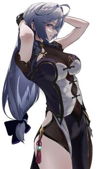 1girl absurdres ahoge animal_print arms_behind_head black_bustier black_dress black_gloves black_ribbon bra_over_clothes braid braided_sidelock breasts bustier butterfly_print china_dress chinese_clothes clothing_cutout commentary_request covered_navel cowboy_shot dress gloves grey_hair hair_between_eyes hair_ribbon half_gloves highres hip_vent immoralmouse kisara_(1st_costume)_(nijisanji) kisara_(nijisanji) large_breasts light_smile long_hair nijisanji purple_eyes ribbon see-through_cleavage see-through_clothes shanghai_neckline sideways_glance single_leg_pantyhose tassel virtual_youtuber white_background