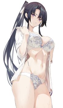 1girl absurdres bare_shoulders black_hair blush bra breasts cleavage collarbone high_ponytail highres hiiragi_yuuichi kanzaki_ouka kendo_shoujo large_breasts long_hair long_sleeves looking_at_viewer navel off_shoulder open_clothes open_shirt original panties ponytail purple_eyes ribbon shirt sidelocks solo sweat thighs underwear very_long_hair white_bra white_panties white_ribbon white_shirt