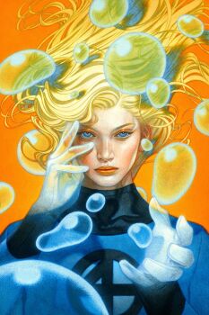 1girl acrylic_paint_(medium) blonde_hair blue_bodysuit blue_eyes bodysuit breasts bubble closed_mouth colored_pencil_(medium) fantastic_four floating_hair hand_on_own_cheek hand_on_own_face invisible long_hair looking_at_viewer marvel medium_breasts my_name_is_tran official_art orange_background painting_(medium) solo sue_storm traditional_media upper_body wavy_hair