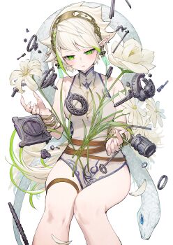 1girl absurdres blush bolt_(hardware) bracelet braid broken check_commentary china_dress chinese_clothes colored_tips commentary_request daisy_(flower) dress earrings floating floating_object flower flower_request green_eyes green_hair hairband highres invisible_chair jewelry looking_at_viewer metal_hairband multicolored_hair nemoto_yuuma nut_(hardware) original parted_lips pelvic_curtain pointy_ears print_dress ring screw simple_background sitting sleeveless sleeveless_dress sleeveless_turtleneck snake solo turtleneck turtleneck_dress two-tone_hair white_flower white_hair white_snake