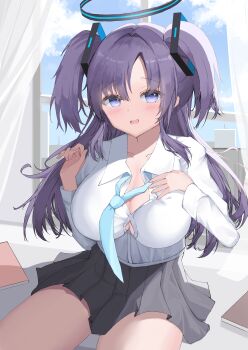 1girl absurdres black_skirt blue_archive blue_necktie breasts button_gap cloud cloudy_sky collarbone collared_shirt commentary_request cube_hair_ornament hair_ornament halo highres indoors long_hair mechanical_halo multicolored_eyes necktie notebook on_windowsill partially_unbuttoned pleated_skirt purple_eyes rangerjiu shirt shirt_tucked_in skirt sky two-tone_eyes two_side_up white_shirt window windowsill yuuka_(blue_archive)