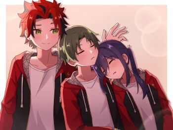 Rule 34 | 3boys, akatsuki (ensemble stars!), black hair, black jacket, border, closed eyes, closed mouth, collarbone, crescent, curtained hair, double-parted bangs, drawstring, earrings, ensemble stars!, green eyes, green hair, hair between eyes, hair intakes, hair slicked back, hand up, hasumi keito, heads together, highres, hood, hood down, hooded jacket, jacket, jewelry, kanzaki souma, kiryu kuro, leaning on person, lens flare, light blush, long hair, long sleeves, looking at another, male focus, motoyui, multicolored hair, multiple boys, multiple earrings, no eyewear, outside border, parted bangs, parted lips, ponytail, purple eyes, purple hair, raised eyebrow, red hair, red jacket, sako nako, shippou (pattern), shirt, short hair, sidelocks, simple background, sleeping, sleeping on person, smile, spiked hair, streaked hair, white border, white shirt