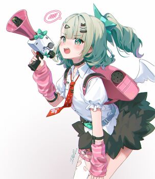 Rule 34 | 1girl, arm warmers, bandaid, bandaid hair ornament, black skirt, blush, earrings, fur-trimmed skirt, fur trim, green eyes, green hair, hair ornament, hand on own thigh, hashtag-only commentary, highres, holding, holding megaphone, ika (4801055), jewelry, looking at viewer, megaphone, multicolored arm warmers, multiple hair clips, multiple thigh straps, musical note earrings, necktie, open mouth, pink arm warmers, pink bag, red necktie, shirt, skirt, solo, striped arm warmers, sunna (zenless zone zero), thigh strap, two-tone arm warmers, white shirt, white wings, winged bag, wings, zenless zone zero