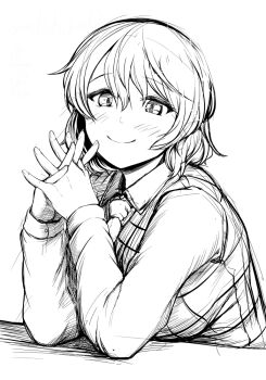 1girl ascot blush breasts closed_mouth collared_shirt commentary_request gingham_vest_(clothing) greyscale interlocked_fingers kazami_yuuka leaning_forward long_sleeves looking_at_viewer medium_breasts monochrome own_hands_together sadahiro_(chicken_nugget_gyuuniku_aji) shirt short_hair simple_background smile solo touhou upper_body vest