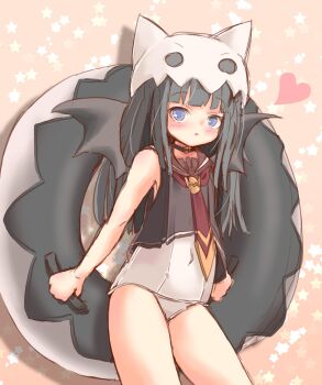 1girl bat_wings black_hair black_shirt black_wings blue_eyes eggshell_hat emil_chronicle_online flat_chest hat heart highres holding holding_swim_ring innertube kitune47 loli long_hair nidoegg_alma one-piece_swimsuit open_mouth sailor_collar shirt sleeveless sleeveless_shirt solo spoken_heart swim_ring swimsuit white_hat white_one-piece_swimsuit wings