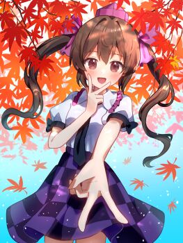 Rule 34 | 1girl, :d, autumn leaves, black necktie, black ribbon, black skirt, blush, breasts, brown eyes, brown hair, checkered clothes, checkered skirt, commentary, cowboy shot, double v, falling leaves, hair ribbon, hat, highres, himekaidou hatate, leaf, looking at viewer, necktie, nene man, open mouth, outdoors, puffy short sleeves, puffy sleeves, purple hat, purple ribbon, purple skirt, ribbon, shirt, short sleeves, skirt, small breasts, smile, solo, tokin hat, touhou, twintails, v, white shirt