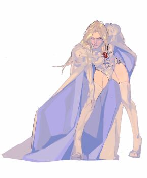 1girl bad_tag blonde_hair blue_lips cape corset emma_frost fur-trimmed_cape fur_trim high_heels highres lipstick makeup marvel nya_hecate solo superhero_costume white_corset x-men