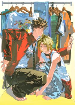 Rule 34 | 2boys, absurdres, baozaohuang, barefoot, black hair, black necktie, black pants, black roots, blonde hair, blush, brown eyes, closet, clothes around waist, clothes hanger, commentary, denim, english commentary, floral print necktie, haikyuu!!, height difference, highres, jacket, jeans, kozume kenma, kuroo tetsurou, looking at viewer, male focus, multicolored hair, multiple boys, necktie, pants, red jacket, roots (hair), shirt, shirt around waist, slit pupils, squatting, sweatdrop, toenails, toes, torn clothes, torn jeans, torn pants, unzipped, white shirt