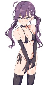 1girl absurdres bikini black_bikini black_choker black_gloves black_thighhighs blue_eyes blush breasts choker collarbone commentary_request ear_piercing elbow_gloves gakuen_idolmaster gloves highres idolmaster kaya_rinha long_hair mole navel paid_reward_available parted_lips piercing purple_hair seihekiog side-tie_bikini_bottom simple_background small_breasts solo standing stomach swimsuit thighhighs twintails white_background
