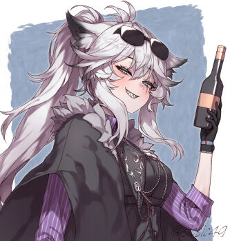 1girl :d aiguillette animal_ears aqua_eyes arknights black_gloves black_jacket blush bottle commentary_request drink eyewear_on_head gloves grey_hair grin hair_between_eyes half-closed_eyes highres holding holding_bottle holding_drink jacket lappland_(arknights) long_hair looking_at_viewer open_mouth ponytail purple_shirt scar scar_across_eye scar_on_face sharp_teeth shirt sicsic49 sleeves_rolled_up smile solo striped_clothes striped_shirt sunglasses teeth twitter_username upper_body vertical-striped_clothes vertical-striped_shirt watermark wolf_ears wolf_girl