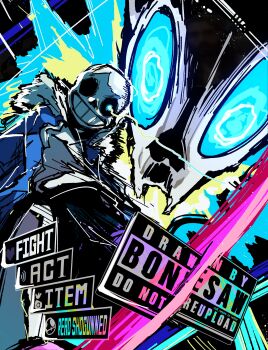 1boy absurdres blue_eyes blue_jacket bonesaw_(rdkshinku) commentary dodging english_commentary english_text eye_trail frisk_(undertale) gameplay_mechanics gasterblaster genocide_route_(undertale) glowing glowing_eye grin highres jacket light_trail looking_at_viewer male_focus pov sans_(undertale) skeleton slashing smile solo undertale user_interface utdr_(toby_fox)