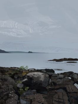 absurdres blue_sky clear_sky commentary highres horizon landscape mountainous_horizon nature no_humans original outdoors painterly plant rock scenery shore sky symbol-only_commentary twulfs