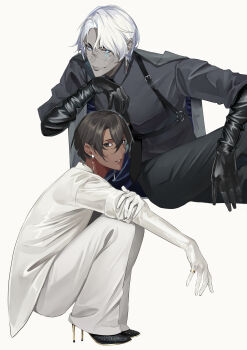 Rule 34 | 2boys, absurdres, arjuna (fate), black eyes, black gloves, black hair, black shirt, blue eyes, chest harness, collared shirt, colored skin, dark-skinned male, dark skin, earrings, fate/grand order, fate (series), father and son, gloves, grey skin, hair between eyes, harness, high heels, highres, indra (fate), jacket, jewelry, lightning bolt facial mark, long sleeves, looking at viewer, male focus, multiple boys, necktie, shirt, short hair, simple background, sitting, smile, squatting, stiletto heels, suu 0611yi, white background, white hair