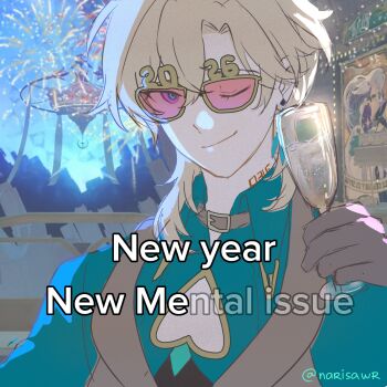 1boy 2026 absurdres alcohol aqua_shirt aventurine_(honkai:_star_rail) black_gloves blonde_hair brown_vest cleavage_cutout closed_mouth clothing_cutout collared_shirt commentary cup earrings english_commentary english_text fireworks glasses gloves green_shirt happy_new_year highres holding holding_cup honkai:_star_rail honkai_(series) jewelry looking_at_viewer male_focus narisawr neck_tattoo new_year night one_eye_closed pectoral_cleavage pectorals shirt short_hair smile solo tattoo twitter_username upper_body vest