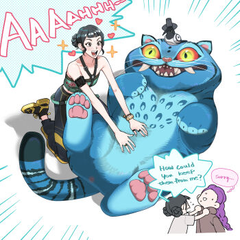 Rule 34 | :d, belly rub, blue fur, blush, cat, clothes grab, derpy (kpop demon hunters), gracepago0314, highres, kpop demon hunters, open mouth, orange eyes, rumi (kpop demon hunters), smile, sussie (kpop demon hunters), sweater, tail, zoey (kpop demon hunters)