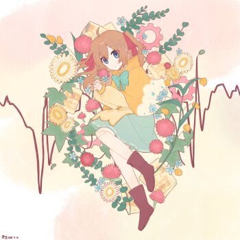 1girl absurdres adapted_costume ahoge alternate_costume aqua_bow aqua_bowtie aqua_skirt blue_eyes blue_flower boots bow bowtie brown_boots brown_hair capelet child's_drawing commentary_request daffodil doll_joints evil_neuro-sama expressionless flower flower_request full_body gears hair_between_eyes hair_ornament hair_ribbon heart heart_hair_ornament highres holding holding_flower joints knees_up leaf lingyou long_hair long_sleeves looking_at_viewer lying neuro-sama on_side pink_flower red_flower red_ribbon ribbon shirt skirt solo two_side_up vedal_ai virtual_youtuber yellow_background yellow_capelet yellow_flower yellow_shirt