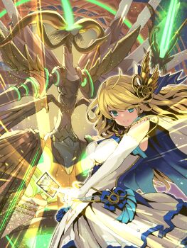 1girl absurdres ahoge aqua_eyes blonde_hair blue_cape blue_dress blue_trim cape closed_mouth commentary_request dragon dress duel_masters duel_masters_play's earrings elbow_gloves elena_(duel_masters) energy_sword gloves glowing_card gold_horns gold_trim hair_ornament highres jewelry light_particles long_hair monster multicolored_cape multicolored_dress off-shoulder_dress off_shoulder pompomblink sword trading_card weapon white_cape white_dress white_gloves wings