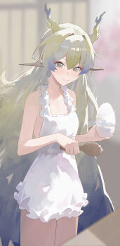 1girl absurdres alternate_costume apron arknights bare_arms bare_shoulders blonde_hair blue_hair blurry blurry_background blush bowl closed_mouth cowboy_shot dragon_girl dragon_horns food green_eyes grey_hair hair_between_eyes highres holding holding_bowl horns light_smile long_hair looking_at_viewer naked_apron rice rice_bowl shamoji shu_(arknights) solo split_mouth standing very_long_hair white_apron yorei_8338