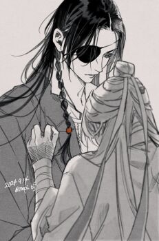 Rule 34 | 2boys, bandaged arm, bandaged neck, bandages, beads, black hair, braid, chinese clothes, clothes grab, commentary request, dated, eyepatch, greyscale, hair beads, hair bun, hair ornament, hair ribbon, hanfu, hua cheng, long hair, looking at another, looking down, male focus, monochrome, multiple boys, one eye covered, parted lips, ribbon, side braid, simple background, single braid, single hair bun, spot color, tianguan cifu, twitter username, upper body, xie lian, yaoi, ykmr (haga)