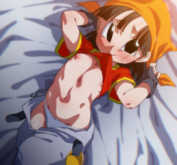 1girl bandana bed_sheet black_eyes black_gloves black_hair breasts closed_mouth clothes_lift clothes_pull commentary_request denim dragon_ball dragon_ball_gt fingerless_gloves flat_chest gloves grey_pants jeans lifting_own_clothes loli looking_at_viewer lying mouth_hold navel nipples on_back orange_bandana pan_(dragon_ball) panties pants pants_pull red_shirt rom_(20) shirt shirt_lift short_hair small_breasts solo underwear white_panties