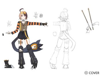 1girl ahoge azuzatori bandaged_hand black_choker black_gloves black_pants black_shoes black_shorts blonde_hair brown_hair brown_shirt choker copyright_name detached_pants double_bun drumsticks full_body gigi_murin gloves hair_bun highres hololive hololive_english jewelry long_sleeves looking_at_viewer multicolored_hair multiple_views necklace official_art pants partially_fingerless_gloves pink_eyes shirt shoes short_hair shorts simple_background single_glove suspender_shorts suspenders torn_clothes torn_shirt two-tone_hair virtual_youtuber white_background