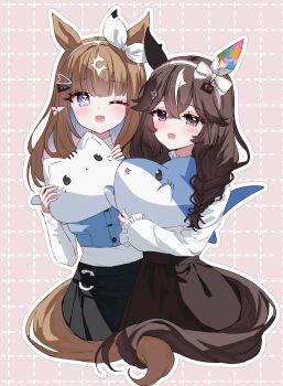 Rule 34 | 2girls, absurdres, almond eye (casual) (umamusume), almond eye (umamusume), black eyes, black hair, black skirt, black tail, blue eyes, blue hair, blue vest, bow, bow hairband, brown hair, brown tail, colored inner hair, cross-shaped pupils, crossed bangs, curren bouquetd'or (umamusume), hair between eyes, hair ornament, hairband, hairclip, highres, holding, holding stuffed toy, multicolored hair, multiple girls, one eye closed, open mouth, shirt, skirt, smile, streaked hair, stuffed animal, stuffed cat, stuffed shark, stuffed toy, symbol-shaped pupils, tandohark, textless version, too many hair ornaments, turtleneck, turtleneck shirt, umamusume, vest, white bow, white shirt, white streaks, x-shaped pupils