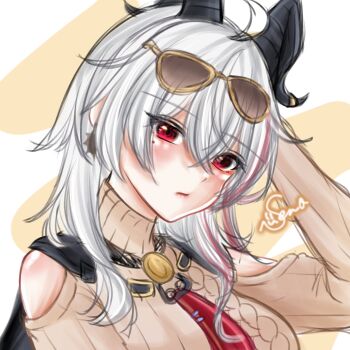 1girl black_horns breasts closed_mouth clothing_cutout commentary_request curled_horns eyewear_on_head hair_between_eyes highres horns large_breasts looking_at_viewer mole mole_under_eye necktie official_alternate_costume portrait red_eyes red_necktie seno_(snllian) shoulder_cutout signature sketch solo sunglasses wuthering_waves zani_(downtown_repose)_(wuthering_waves) zani_(wuthering_waves)