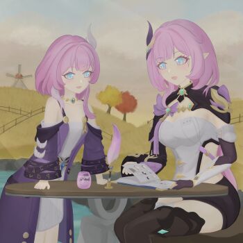 2girls absurdres bare_shoulders black_boots black_shorts black_shrug blue_eyes book boots breasts cleavage coat commentary_request company_connection corset cup cyrene_(aedes_elysiae)_(honkai:_star_rail) cyrene_(honkai:_star_rail) dress elf elysia_(honkai_impact) elysia_(miss_pink_elf)_(honkai_impact) grass grey_sky highres honkai_(series) honkai_impact_3rd inoue_marina jewelry kiryu_26710 large_breasts multicolored_hair multiple_girls necklace open_book outdoors pink_hair pointy_ears purple_coat quill short_hair short_shorts shorts shrug_(clothing) sitting sky small_breasts thighs tree two-tone_hair voice_actor_connection white_corset white_dress white_hair windmill yanning